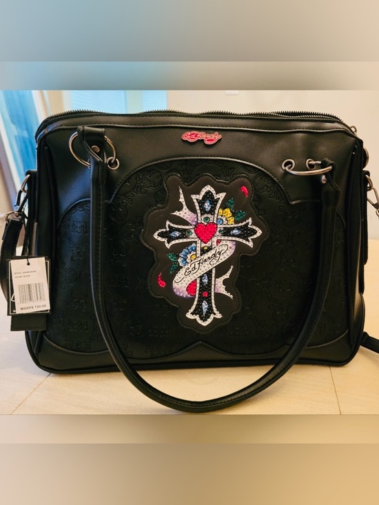 Ed Hardy Handbags - Ed Hardy Black Embossed Rhinestone Cross Satchel Shoulder Bag Vegan Leather NWT